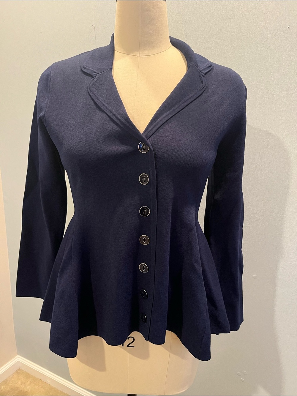 Carlisle Navy Button-Front Peplum Knit Blazer, Style name Night Queen, NWOT